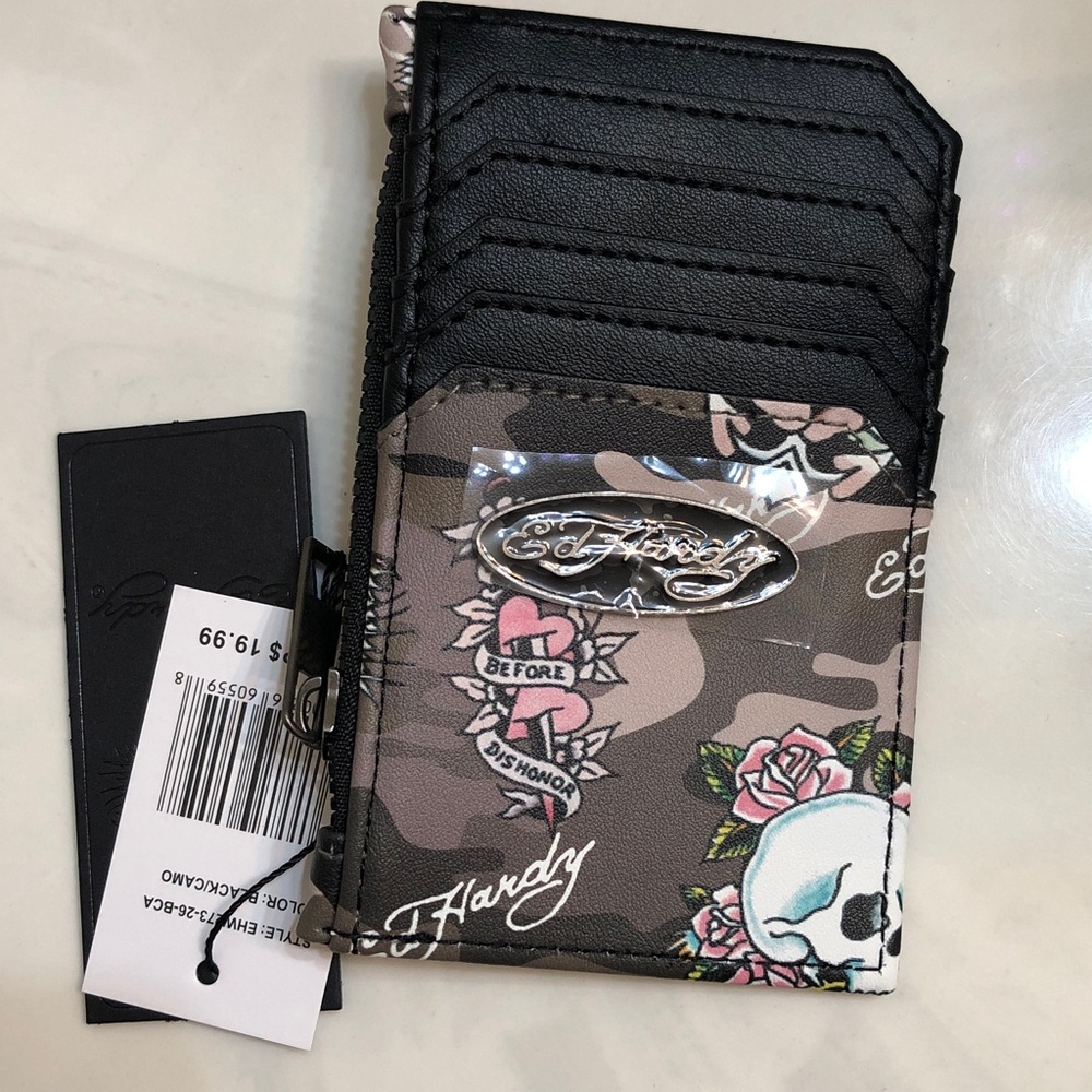 Ed Hardy Black Camo Faux Leather Card Wallet Skull, Rose & Logo Tattoo Print NWT